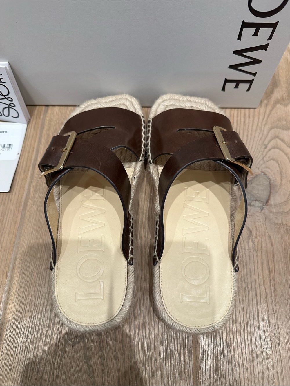 Loewe Petal Brown Espadrille Leather Buckle Slides - Picture 5 of 13